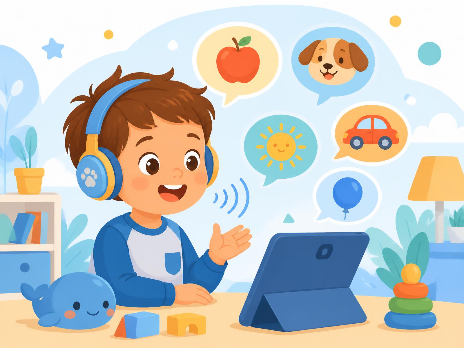 A young child wearing headphones practicing words on a tablet with picture prompts